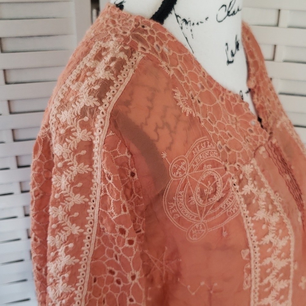 Johnny Was Lace Embroidered Short Sleeves Blouse in Peach - Picture 6 of 7